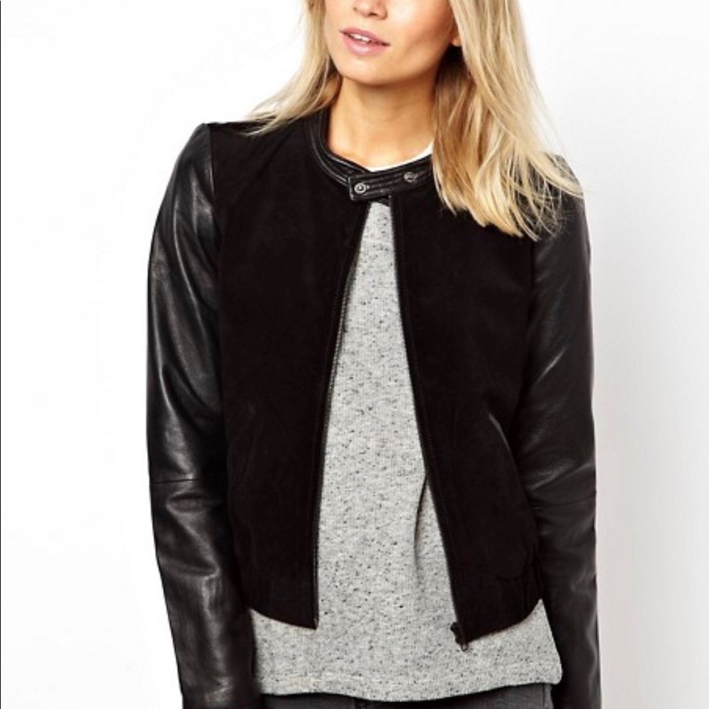 Mango Miranda Leather Sleeve Bomber Jacket